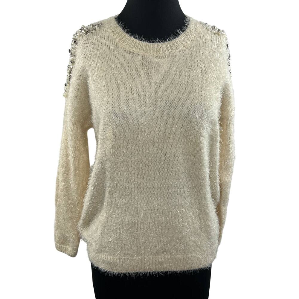 KATSUM Cream Long Sleeve Pearl Beaded Shoulder Fuzzy Knit Pullover Sweater Sz L